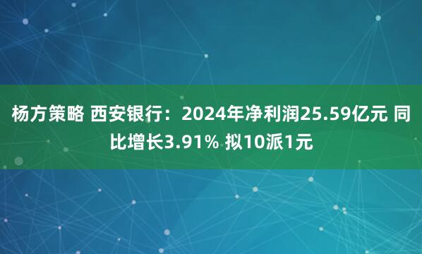 杨方策略 西安银行：2024年净利润25.59亿元 同比增长3.91% 拟10派1元